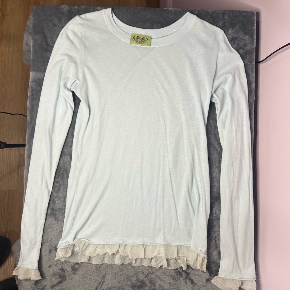 Juicy Couture Light Blue Long Sleeve Top with Lace Trim